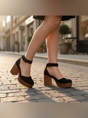 House Of Harlow 1960 Tanner Black Faux Suede Ankle Strap Platform Heels Size 6.5